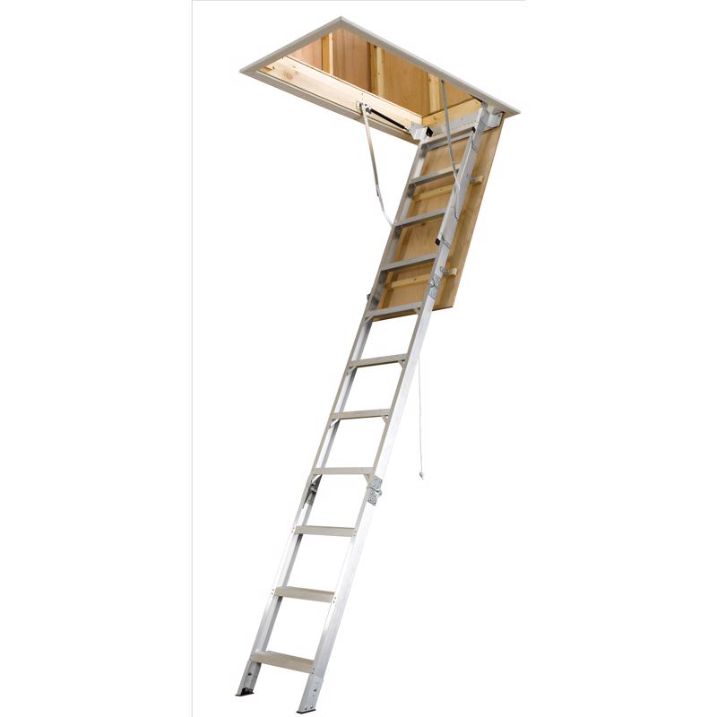 Werner 8 To 10 ft. Ceiling 25 in. x 54 in. Aluminum Attic Ladder Type IAA 375 lb. cap.