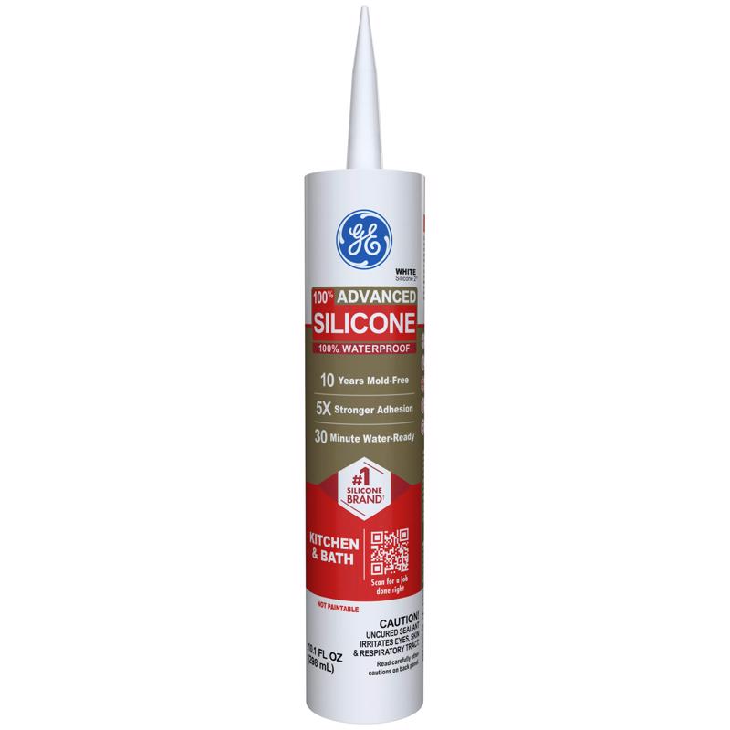 GE Advanced White Silicone 2 Kitchen and Bath Caulk Sealant 10.1 oz (Pack of 12)