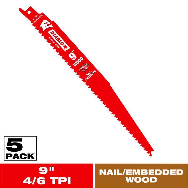 Diablo 9 in. Bi-Metal Nail-Embedded Wood Reciprocating Saw Blade 4/6 TPI 5 pc