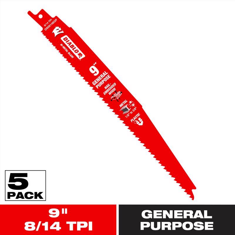 Diablo 9 in. Bi-Metal General Purpose Reciprocating Saw Blade 8/14 TPI 5 pc