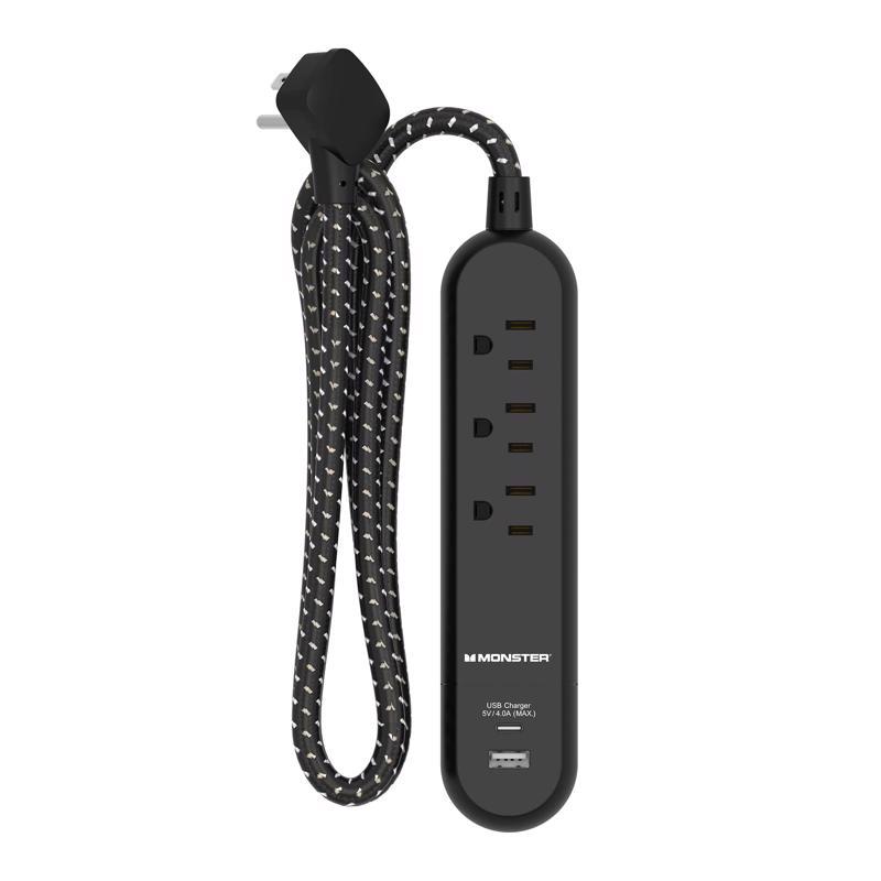 Monster Just Power it Up 4 ft. L 3 outlets Power Strip with USB Ports Black