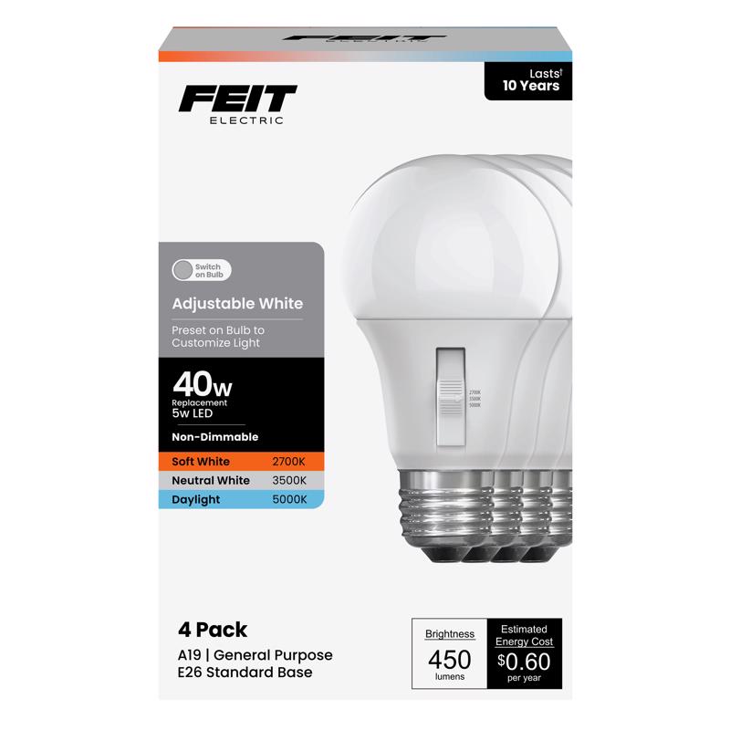 Feit A19 E26 (Medium) LED Bulb Adjustable White 40 Watt Equivalence 4 pk