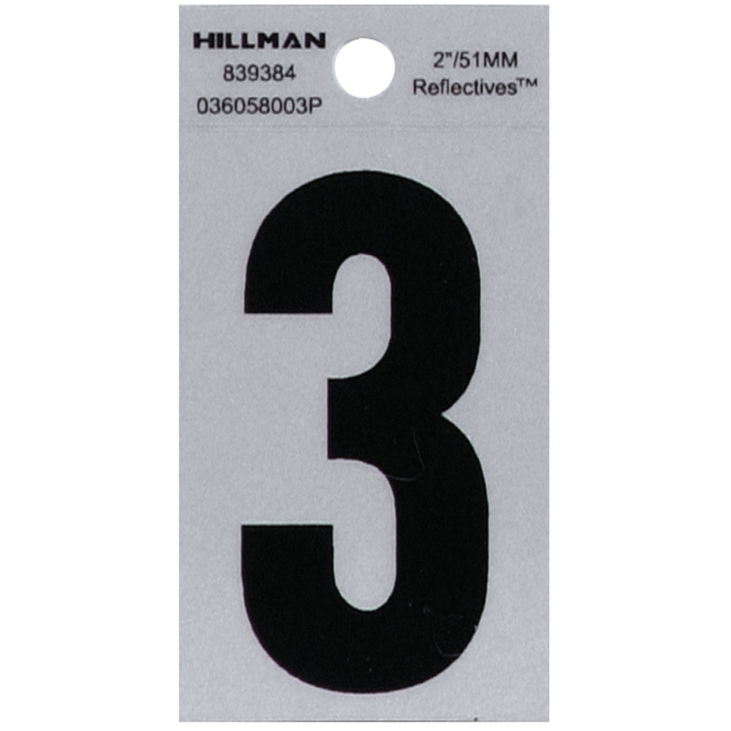 HILLMAN 2 in. Reflective Black Vinyl Self-Adhesive Number 3 1 pc (Pack of 6)