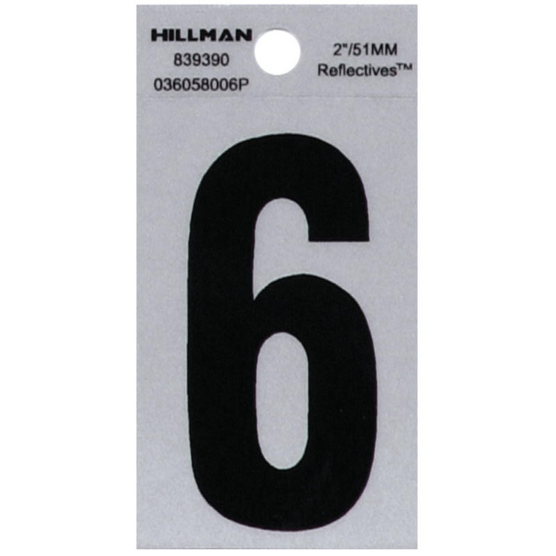 HILLMAN 2 in. Reflective Black Vinyl Self-Adhesive Number 6 1 pc (Pack of 6)