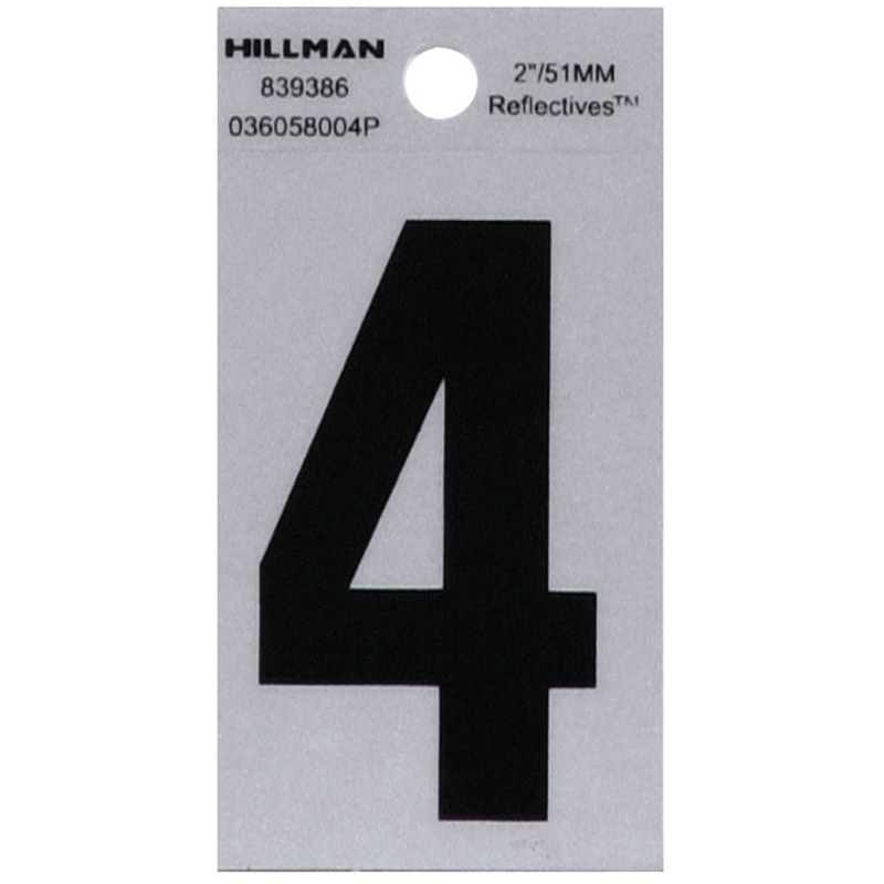HILLMAN 2 in. Reflective Black Vinyl Self-Adhesive Number 4 1 pc (Pack of 6)
