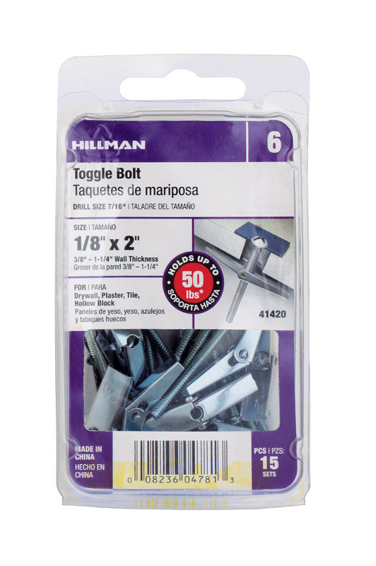 HILLMAN 1/8 in. D X 2 in. L Round Zinc-Plated Steel Toggle Bolt 15 pk (Pack of 5)