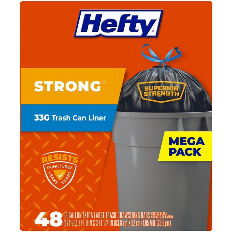 Hefty Extra Strong 33 gal No Scent Trash Can Liners Drawstring 48 pk (Pack of 3)