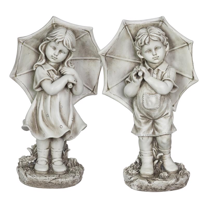 Exhart Resin Stone 18.7 in. Boy and Girl with Umbrella Statue (Pack of 2)