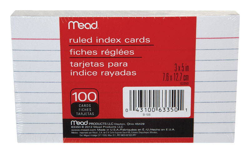 Mead 3 in. H X 5 in. W Ruled Index Cards White 100 pk (Pack of 12)