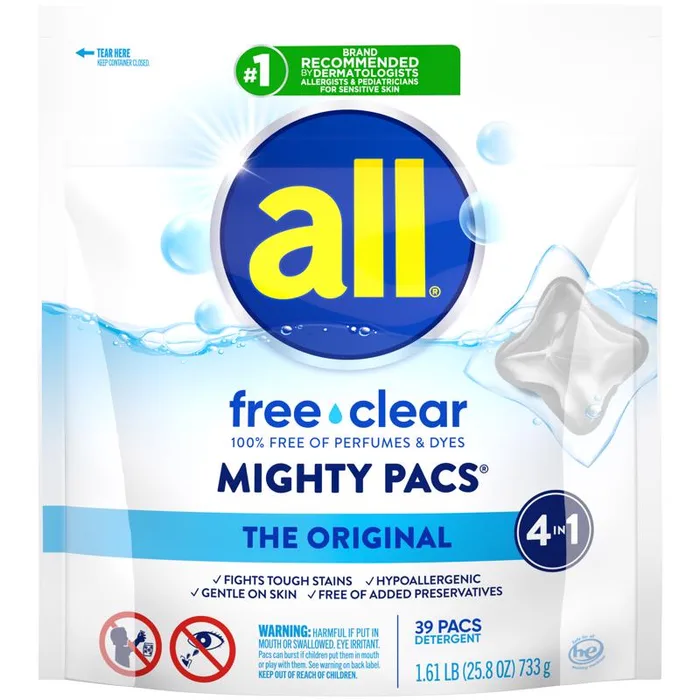 All Mighty Pacs Free & Clear Scent Laundry Detergent Pod 25.8 oz 39 pk (Pack of 6)
