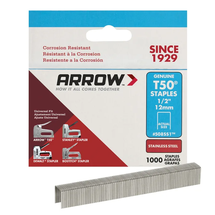 Arrow T50 3/8 in. W X 1/2 in. L 18 Ga. Flat Crown Heavy Duty Staples 1000 pk (Pack of 5)