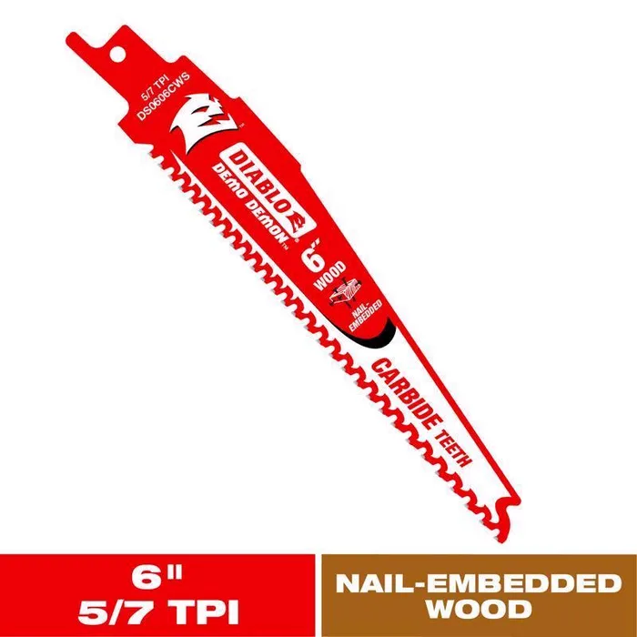 Diablo Demo Demon 6 in. Carbide Tipped Nail-Embedded Wood Reciprocating Saw Blade 6 TPI 1 pc (Pack of 5)