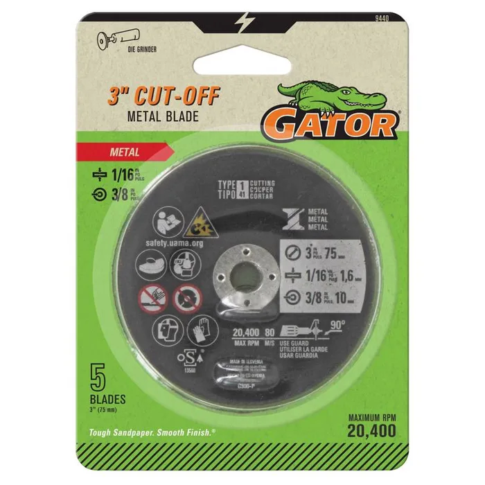 Gator 3 in. D X 3/8 in. X 1/16 in. thick Aluminum Oxide Type 1 Metal Cut-Off Blade 5 pc