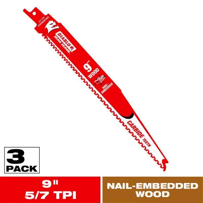 Diablo Demo Demon 9 in. Carbide Tipped Nail-Embedded Wood Reciprocating Saw Blade 5/7 TPI 3 pk
