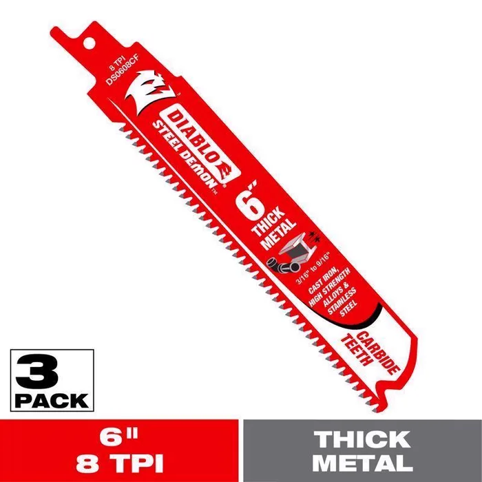 Diablo Steel Demon 6 in. Carbide Tipped Thick Metal Reciprocating Saw Blade 8 TPI 3 pk