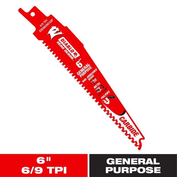 Diablo Demo Demon 6 in. Carbide Tipped General Purpose Reciprocating Saw Blade 6/9 TPI 1 pk (Pack of 5)