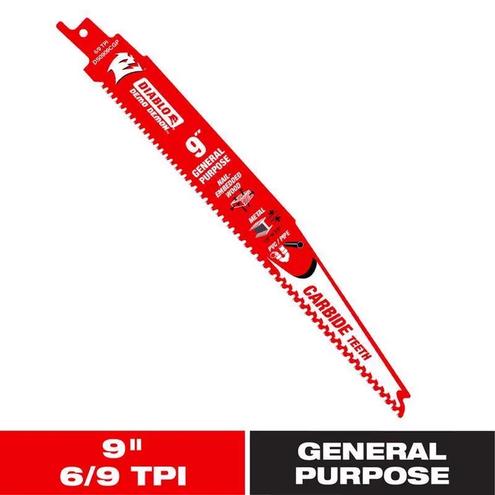 Diablo Demo Demon 9 in. Carbide Tipped General Purpose Reciprocating Saw Blade 6/9 TPI 1 pk (Pack of 5)