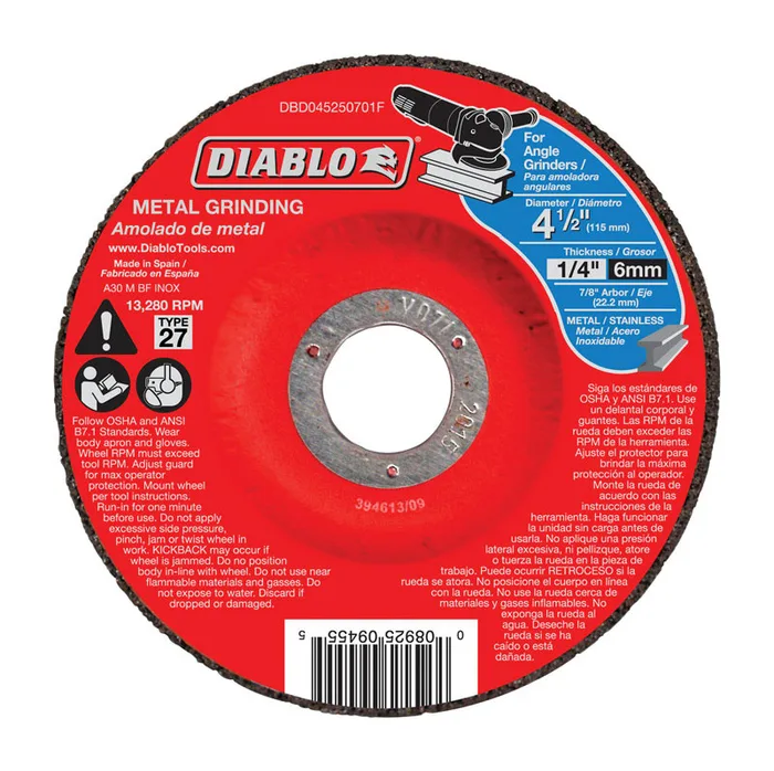Diablo 4-1/2 in. D X 7/8 in. X 1/4 in. thick Aluminum Oxide Metal Grinding Disc 1 pc