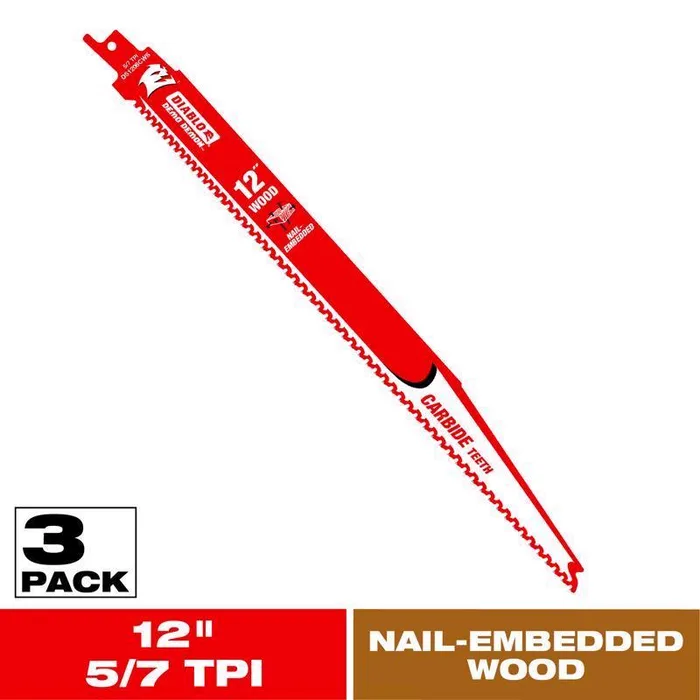 Diablo Demo Demon 12 in. Carbide Tipped Nail-Embedded Wood Reciprocating Saw Blade 5/7 TPI 3 pk