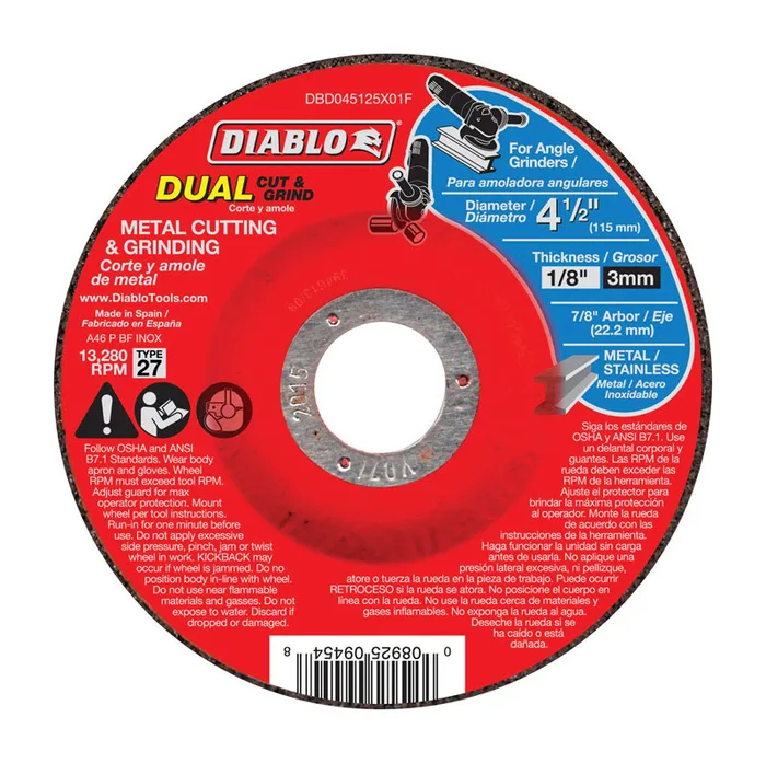 Diablo 4-1/2 in. D X 7/8 in. X 1/8 in. thick Aluminum Oxide Metal Dual Cut and Grind Disc 1 pk