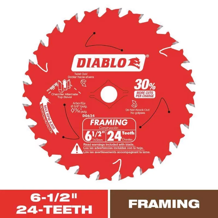 Diablo Tracking Point 6-1/2 in. D X 5/8 in. TiCo Hi-Density Carbide Framing Blade 24 teeth 1 pk (Pack of 10)
