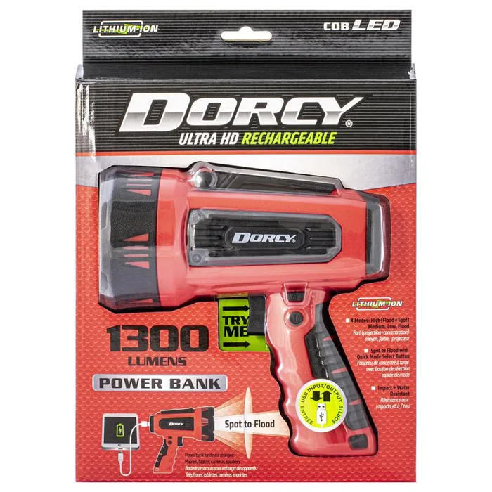 Dorcy 1300 lm Black/Red LED Rechargeable Spotlight + Power Bank 4400 mAh Lithium Ion Battery