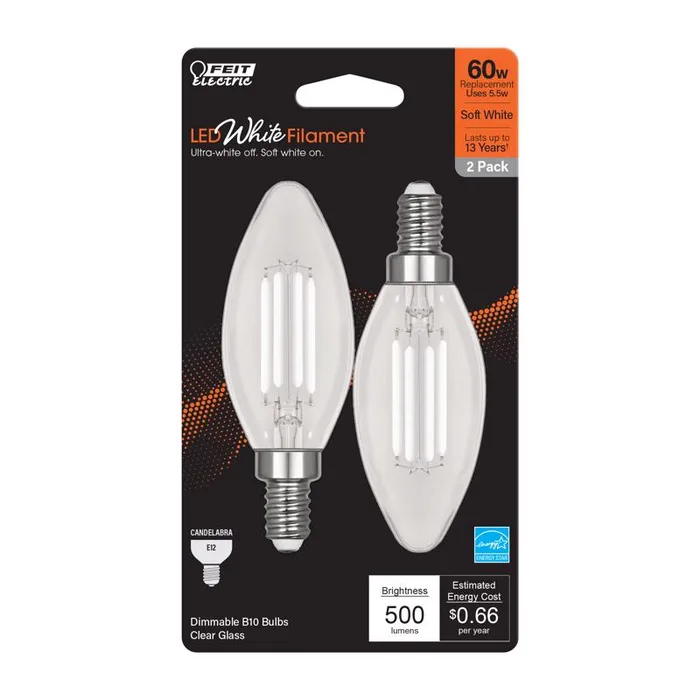 Feit White B10 E12 (Candelabra) Filament LED Bulb Soft White 60 Watt Equivalence 2 pk