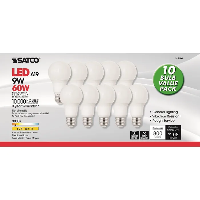 Satco A19 E26 (Medium) LED Bulb Soft White 60 Watt Equivalence 10 pk