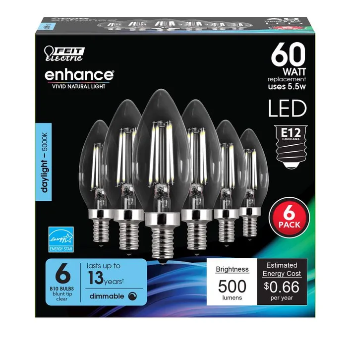 Feit B10 E12 (Candelabra) Filament LED Bulb Daylight 60 Watt Equivalence 6 pk