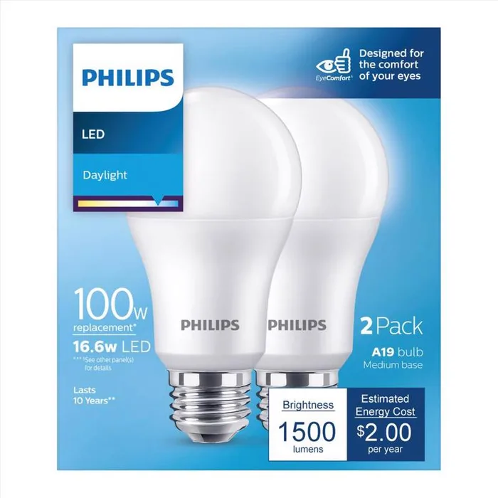 Philips A19 E26 (Medium) LED Bulb Daylight 100 Watt Equivalence 2 pk