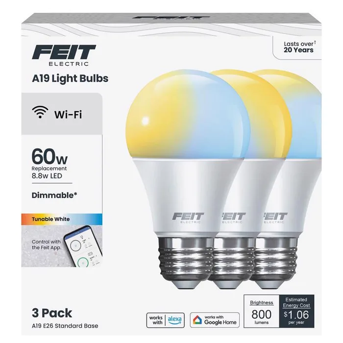 Feit A19 E26 (Medium) Smart-Enabled LED Bulb Tunable White 60 Watt Equivalence 3 pk