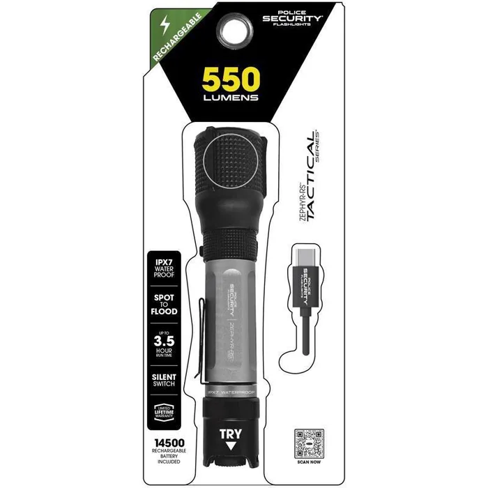 Police Security Zephyr-RS Tactical 550 lm Black/Gray LED Rechargeable Flashlight 14500 Battery