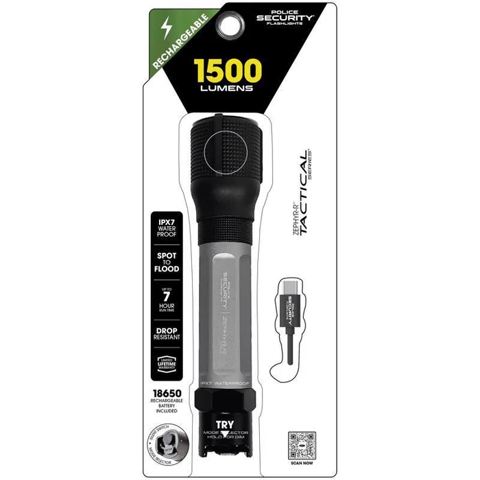 Police Security Zephyr-R Tactical 1500 lm Black/Gray LED Rechargeable Flashlight 18650 Battery