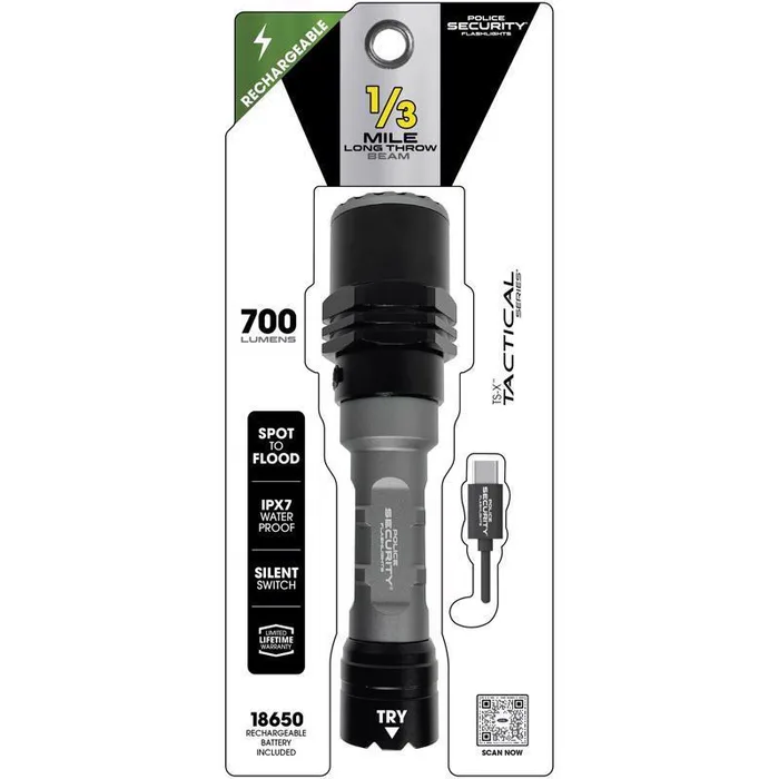 Police Security Tactical 700 lm Black/Gray LED Rechargeable Flashlight 18650 Battery