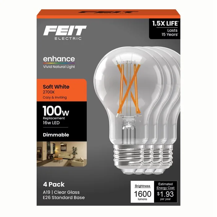 Feit A19 E26 (Medium) Filament LED Bulb Soft White 100 Watt Equivalence 4 pk
