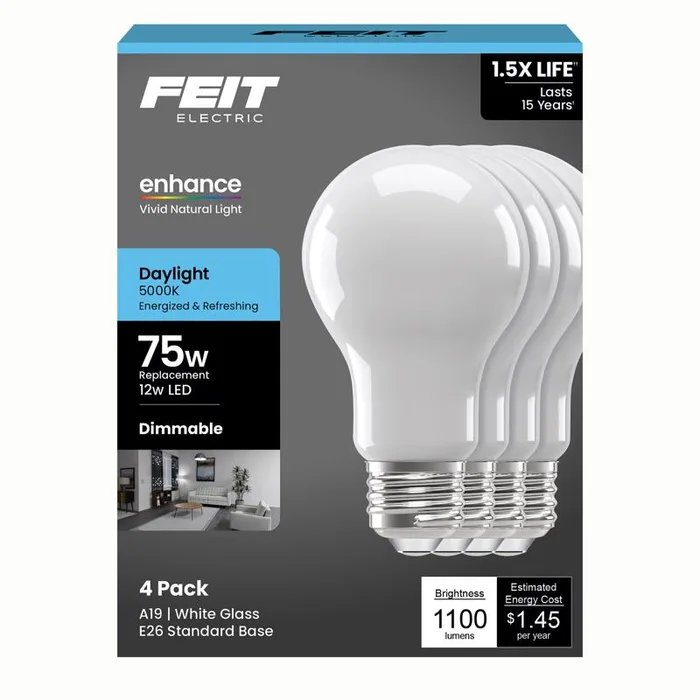 Feit A19 E26 (Medium) Filament LED Bulb Daylight 75 Watt Equivalence 4 pk