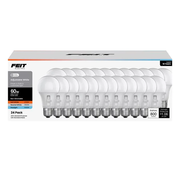 Feit A19 E26 (Medium) LED Bulb Adjustable White 60 Watt Equivalence 24 pk (Pack of 2)