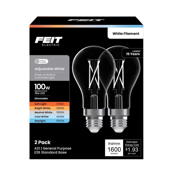 Feit A21 E26 (Medium) Filament LED Bulb Adjustable White 100 Watt Equivalence 2 pk