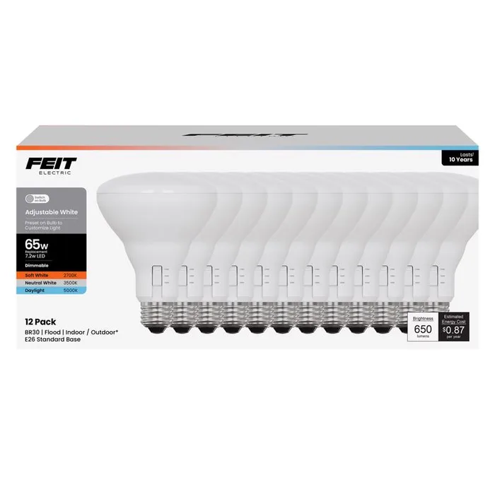 Feit BR30 E26 (Medium) LED Bulb Adjustable White 65 Watt Equivalence 12 pk