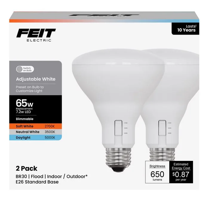 Feit BR30 E26 (Medium) LED Bulb Adjustable White 65 Watt Equivalence 2 pk