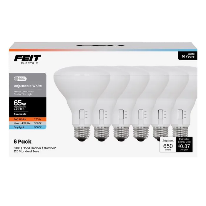 Feit BR30 E26 (Medium) LED Bulb Adjustable White 65 Watt Equivalence 6 pk