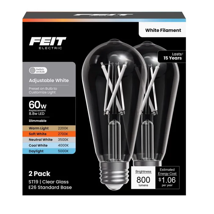 Feit ST19 E26 (Medium) Filament LED Bulb Adjustable White 60 Watt Equivalence 2 pk