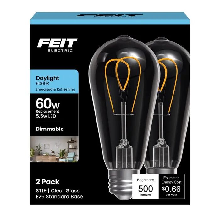 Feit ST19 E26 (Medium) Filament LED Bulb Daylight 60 Watt Equivalence 2 pk