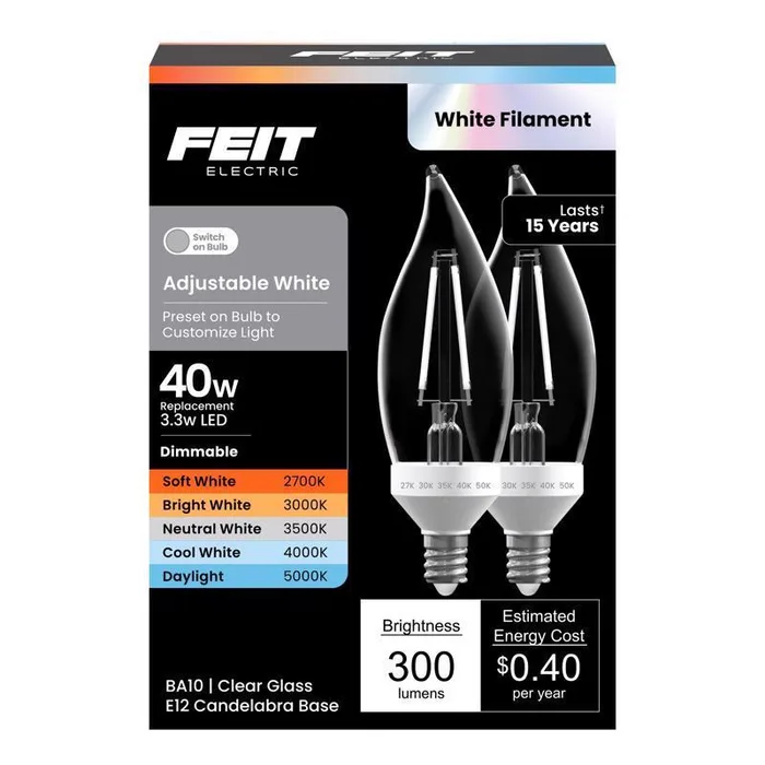 Feit BA10 E12 (Candelabra) LED Bulb Adjustable White 40 Watt Equivalence 2 pk