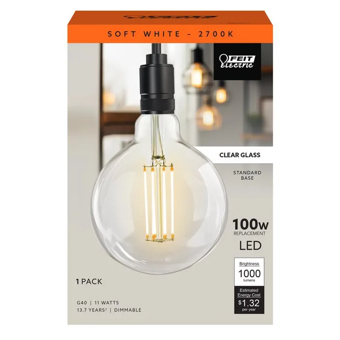 Feit G40 E26 (Medium) Filament LED Bulb Soft White 100 Watt Equivalence 1 pk (Pack of 2)