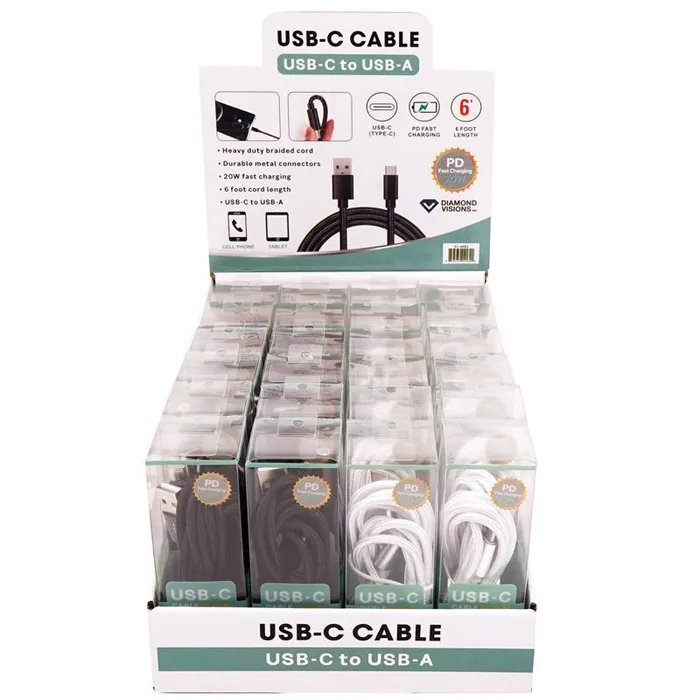Diamond Visions Assorted Braided Cord USB-A to USB-C Cable For All Smartphones 6 ft. L (Pack of 24)