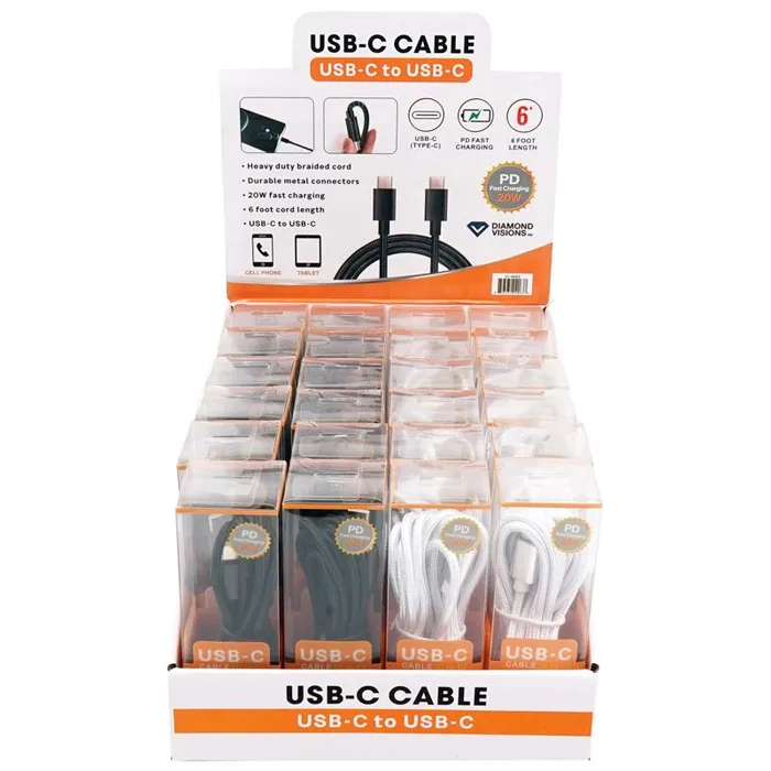 Diamond Visions Assorted Braided Cord USB-C to USB-C Cable For All Smartphones 6 ft. L (Pack of 24)