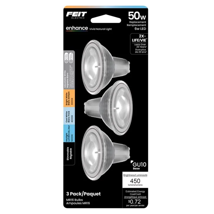 Feit Electric MR16 GU10 LED Bulb Adjustable White 50 Watt Equivalence 1 pk (Pack of 6)