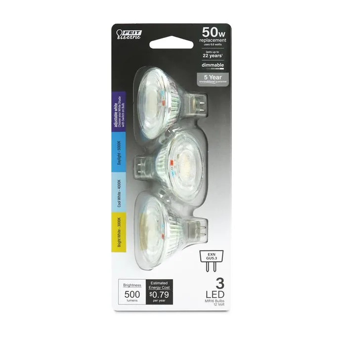 Feit Electric MR16 GU5.3 LED Bulb Adjustable White 50 Watt Equivalence 3 pk (Pack of 6)