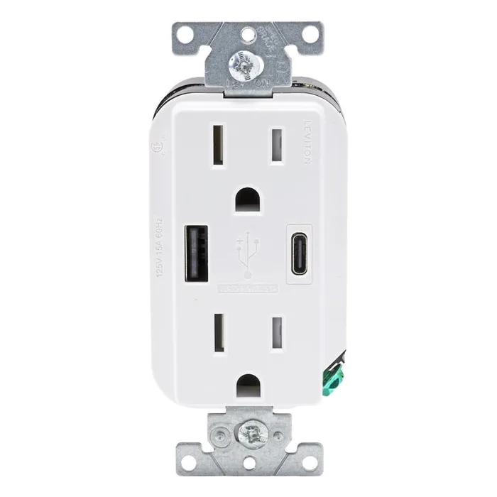Leviton Decora 15 amps 125 V Type A/C Duplex White Outlet and USB Charger 5-15R 1 pk